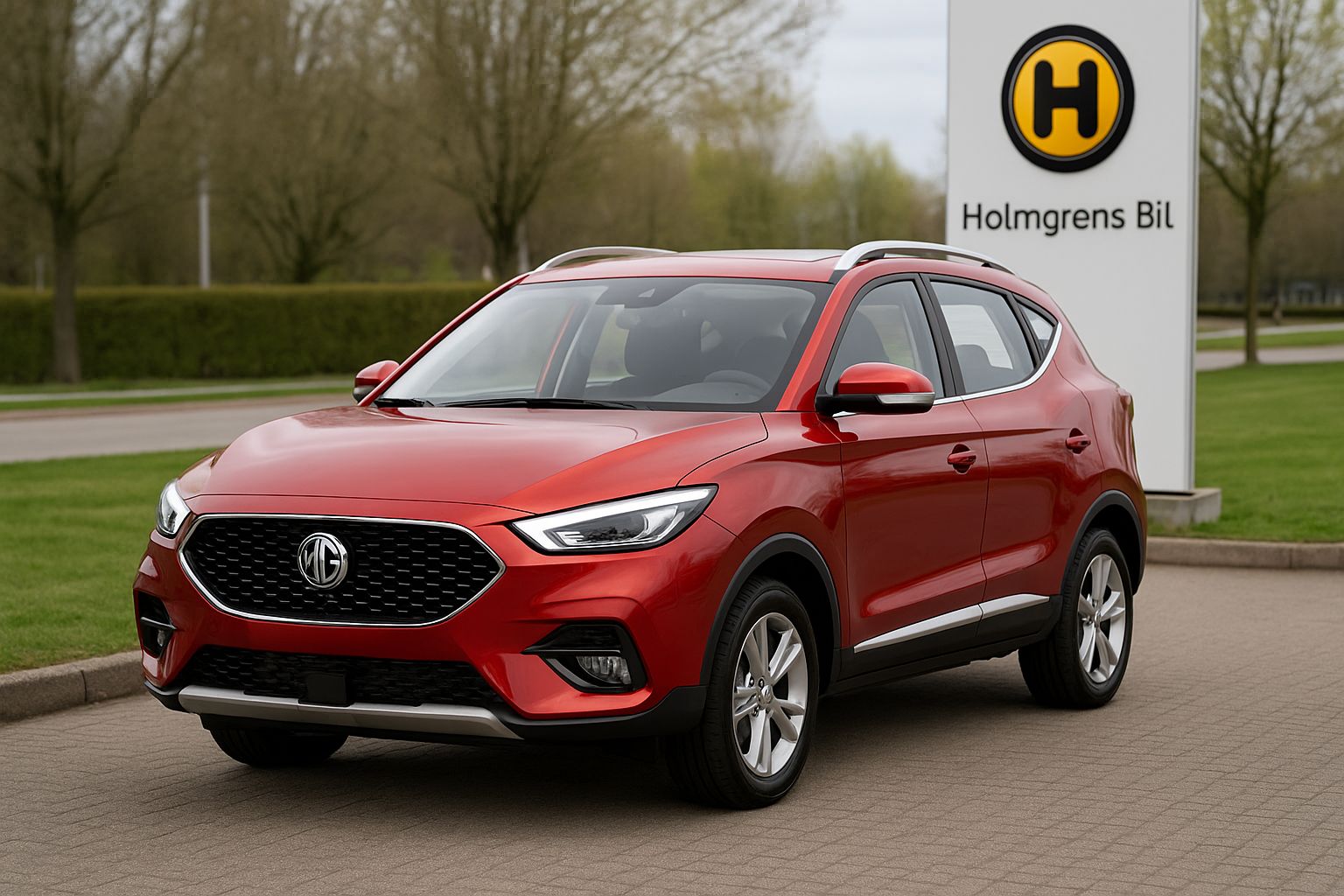 MG ZS SUV framifrån med Holmgrens Bil-logotyp och prismärkning