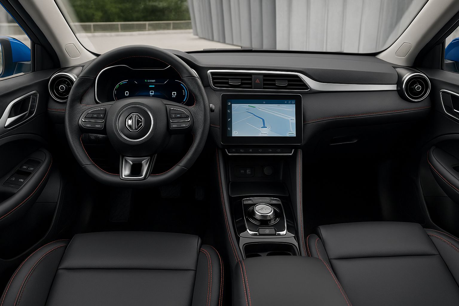 Interiör av MG ZS med ratt, digital instrumentpanel och stor pekskärm.