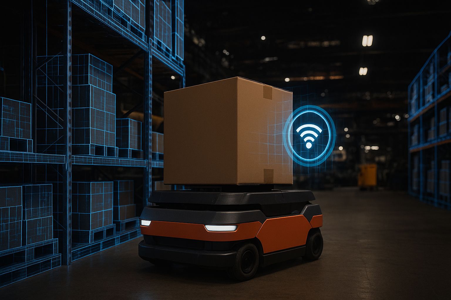Robotarm med sensorer packar kartonger i ett automatiserat lager