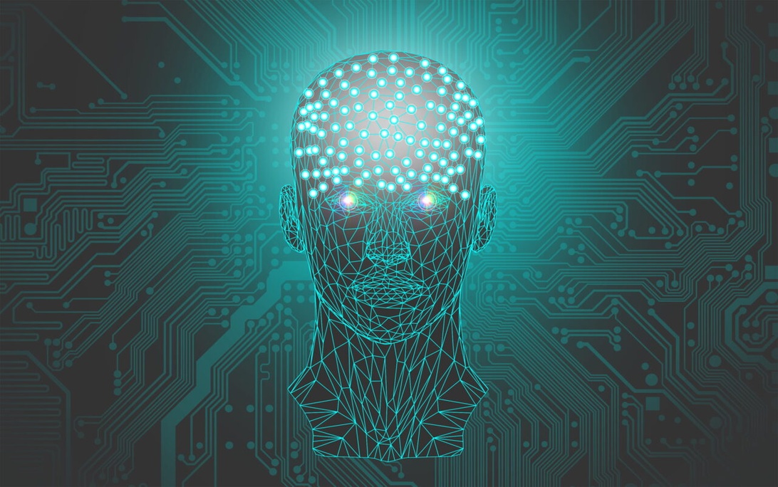 En digital trådramsillustration av ett mänskligt huvud med glödande punkter som representerar neurala kopplingar, mot en bakgrund av kretskortsmönster i turkos färg, vilket konceptuellt representerar AI och maskininlärning.