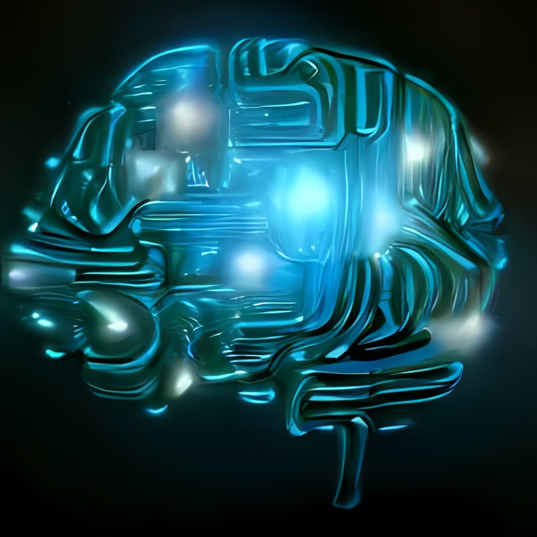 En digital illustration av en glödande blå hjärnliknande struktur mot en mörk bakgrund, med kretsliknande mönster som representerar neurala kopplingar och symboliserar artificiell intelligens.