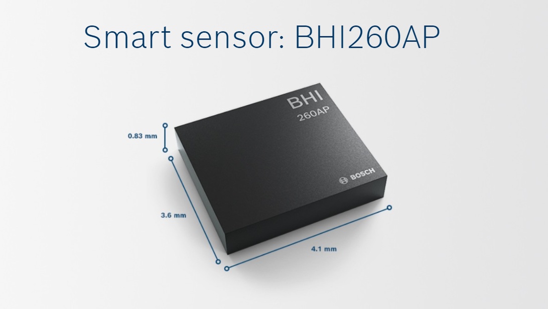 Produktbild av BHI260AP smart sensorchip från Bosch, en specialiserad sensor för luftkvalitetsövervakning.