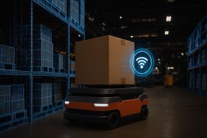 Robotarm med sensorer packar kartonger i ett automatiserat lager